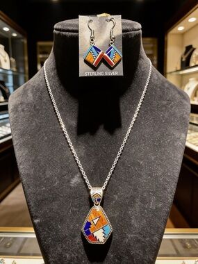 Sterling Silver Multicolor Inlay Pendant Necklace with Matching Earrings